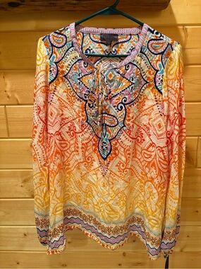 NWT Hale Bob Silk Paisley Tie-Front Tunic, Orange, Yellow, Pink, Blue
